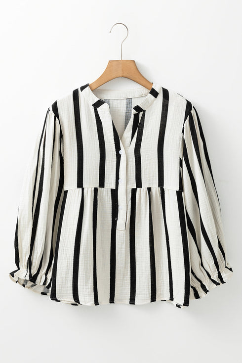 Stripe Crinckled Ruffled Sleeve Button up Loose Shirt